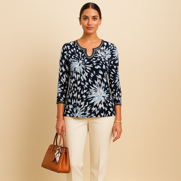 St. John Tops - St. John Vintage Silk Split-Neck Blue Crystals Animal Print‎ Blouse Size L